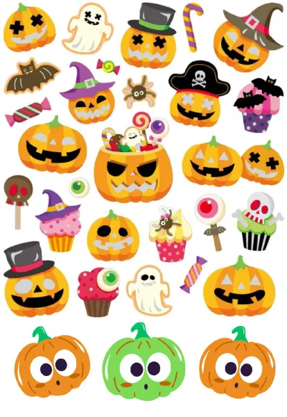 List jedlých koleček na cupcakes – Halloween, cupcakes s očima a dýně v klobouku (žlutá, černá, zelená)