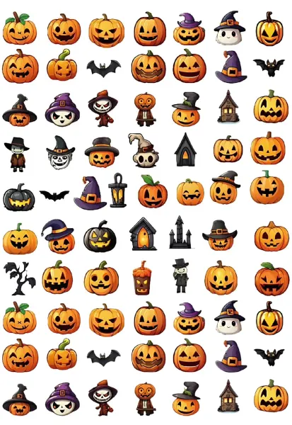 List jedlých koleček na cupcakes – Halloween, zubaté dýně a strašidelné domečky (žlutá, černá, fialová)