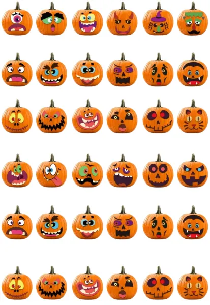 List jedlých koleček na cupcakes – Halloween, dýně s obličeji příšerek a čarodějnic (červená, černá, fialová)