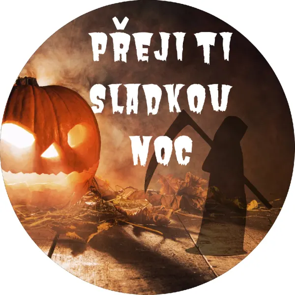 Kulatý jedlý obrázek na dort – Halloween, Smrtka a Přeji ti sladkou noc (černá, žlutá, hnědá)