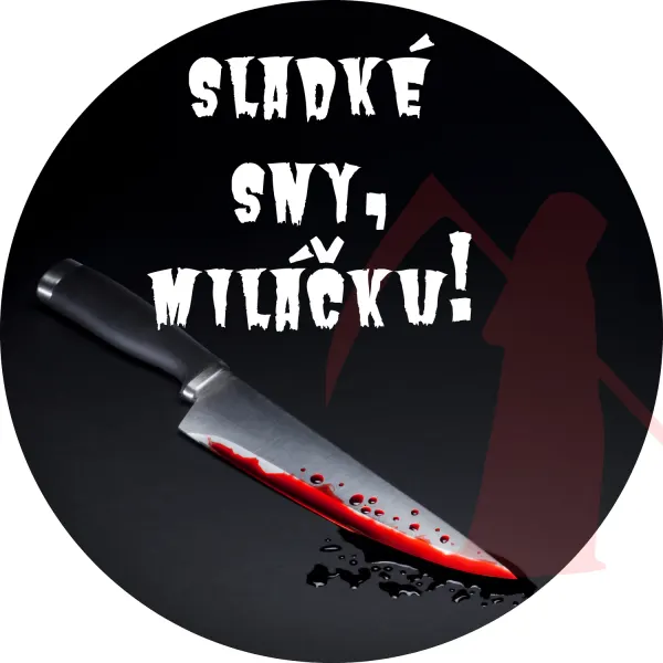 Kulatý jedlý obrázek na dort – Halloween, Krvavý nůž a silueta smrtky (černá, červená, bílá)