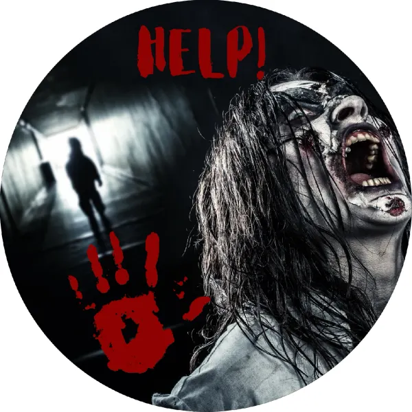 Kulatý jedlý obrázek na dort – Halloween, křičící tvář a krvavý nápis HELP (černá, červená, bílá)