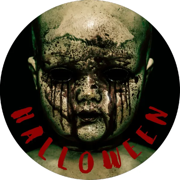 Kulatý jedlý obrázek na dort – Halloween, Krvavá porcelánová panenka (černá, červená, zelená)