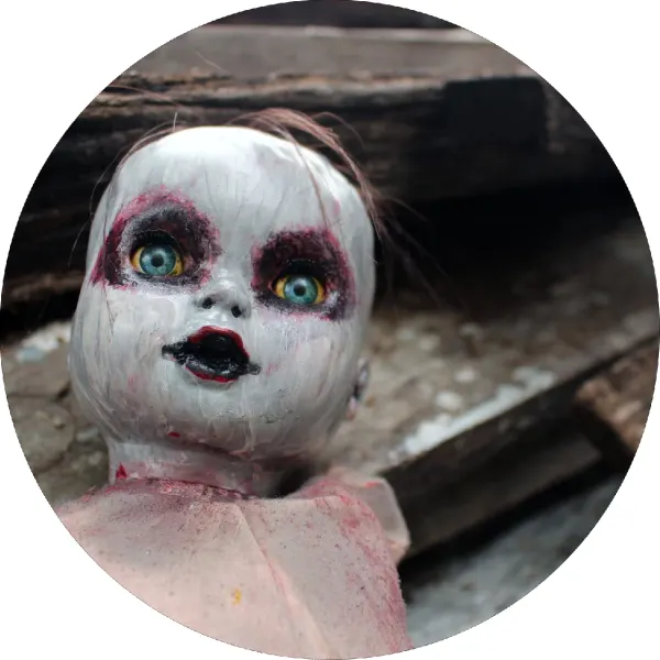 Kulatý jedlý obrázek na dort – Halloween, popraskaná panenka s modrýma očima (bílá, černá, červená)