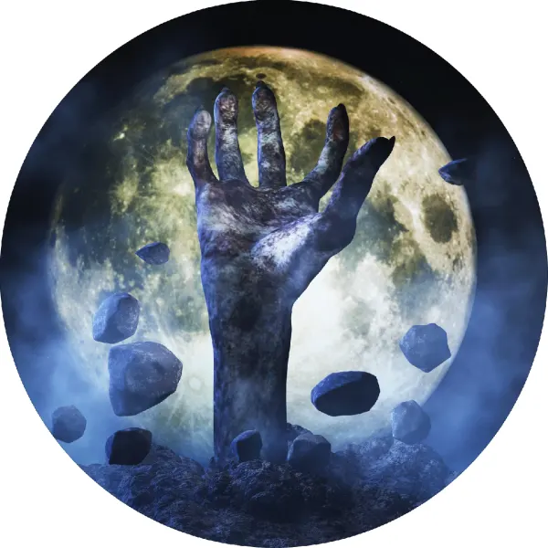 Kulatý jedlý obrázek na dort – Halloween, zombie ruka a úplněk (modrá, černá, šedá)