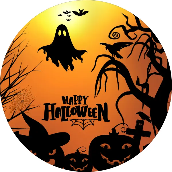 Kulatý jedlý obrázek na dort – Halloween, siluety s nápisem Happy Halloween (žlutá, černá)