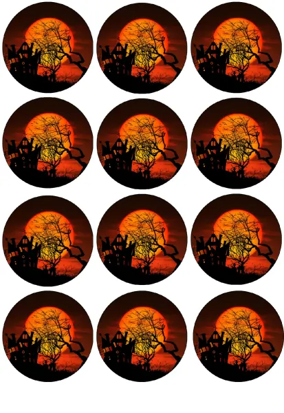 List jedlých koleček na cupcakes – Halloween, strašidelný dům a oranžový úplněk (černá, žlutá, červená)