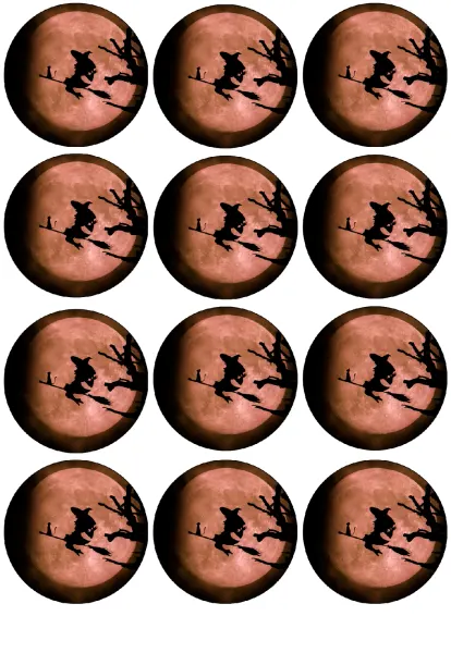 List jedlých koleček na cupcakes – Halloween, letící čarodějnice před úplňkem (hnědá, černá, červená)
