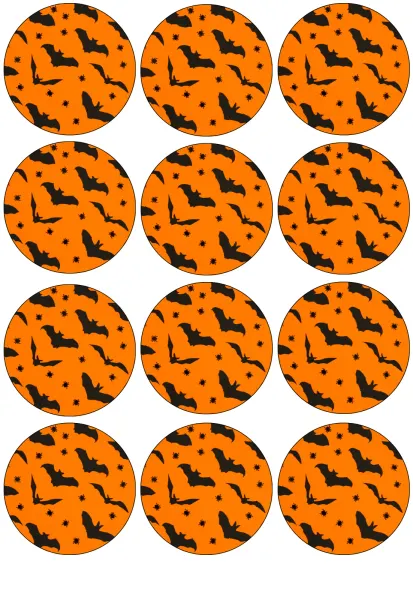 List jedlých koleček na cupcakes – Halloween, černí netopýři na oranžovém podkladu (červená, černá)