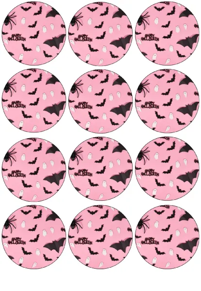 List jedlých koleček na cupcakes – Halloween, růžový podklad s duchy a nápisem (růžová, černá, bílá)
