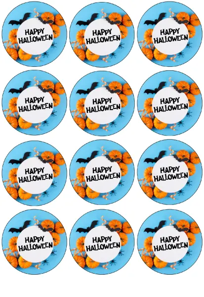 List jedlých koleček na cupcakes – Halloween, nápis Happy Halloween a dýně v modré (modrá, žlutá, černá)