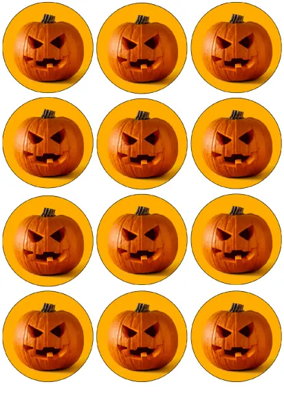 List jedlých koleček na cupcakes – Halloween, svítící vyřezávaná dýně (žlutá, černá)