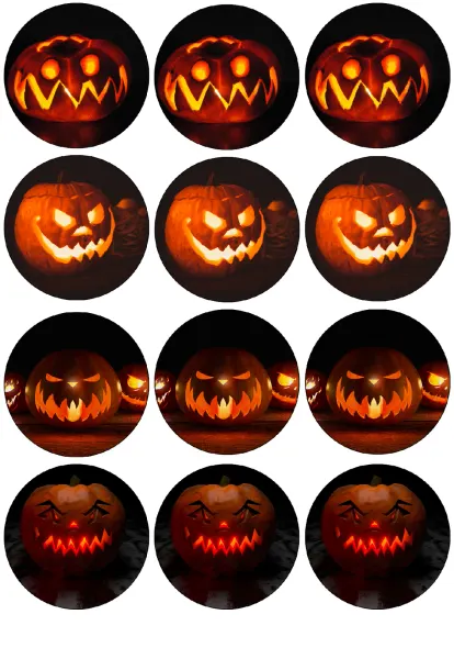 List jedlých koleček na cupcakes – Halloween, fotomotivy svítících dýní (černá, červená, žlutá)