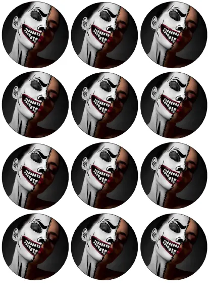 List jedlých koleček na cupcakes – Halloween, dělená tvář se sešitým úsměvem (černá, bílá, červená)