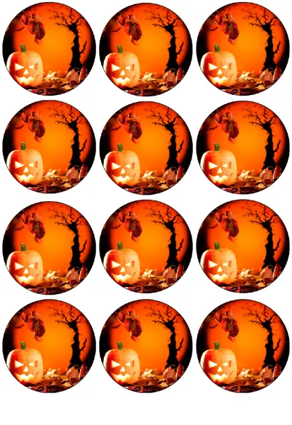 List jedlých koleček na cupcakes – Halloween, svítící dýně u stromu s listím (černá, červená, žlutá)