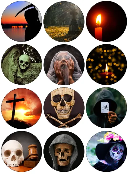 List jedlých koleček na cupcakes – Halloween, smrtka, svíčky a mexická maska (černá, hnědá, žlutá)