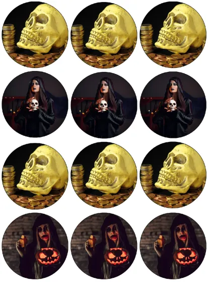List jedlých koleček na cupcakes – Halloween, čarodějky v kápích a zlatá lebka (černá, žlutá, červená)