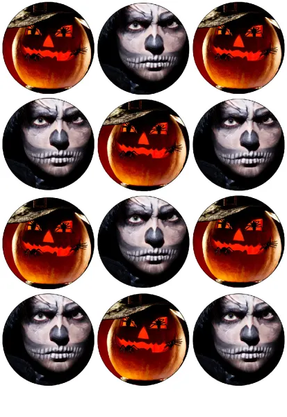List jedlých koleček na cupcakes – Halloween, dýně v klobouku a make-up lebky (černá, červená, bílá)