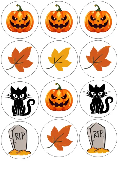 List jedlých koleček na cupcakes – Halloween, dýně, listí a náhrobky RIP (žlutá, černá, šedá)