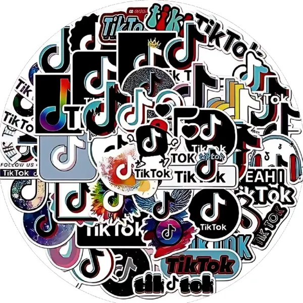 Kulatý jedlý obrázek na dort – TikTok, koláž samolepek a graffiti prvků (černá, bílá, tyrkysová)