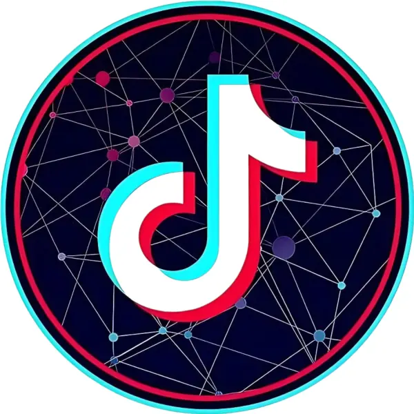 Kulatý jedlý obrázek na dort – TikTok, 3D nota a geometrická světelná síť (černá, tyrkysová, červená)