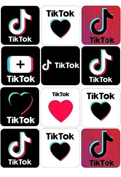 List jedlých koleček na cupcakes – TikTok, sada čtverců s neonovými notami (černá, bílá, růžová)
