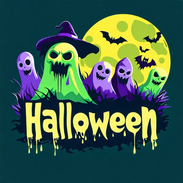 Obdélníkový jedlý obrázek na dort – Halloween, úplněk a duch v klobouku (fialová, zelená, žlutá)