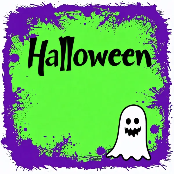 Obdélníkový jedlý obrázek na dort – Halloween, zelené pozadí a bílý duch (zelená, fialová, černá)