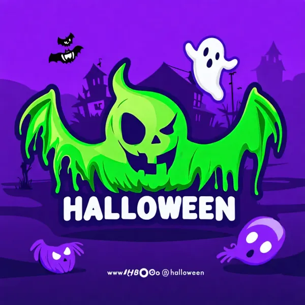 Obdélníkový jedlý obrázek na dort – Halloween, zelený okřídlený duch a dům (fialová, zelená, bílá)