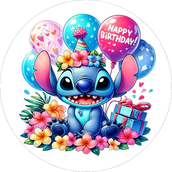 Kulatý jedlý obrázek na dort – Lilo & Stitch, Stitch s kloboučkem a dárkem (modrá, růžová)
