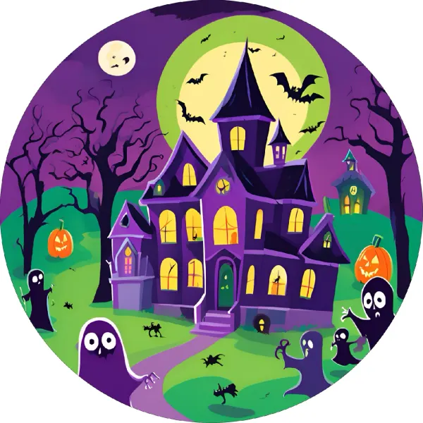 Kulatý jedlý obrázek na dort – Halloween, fialové sídlo s dýněmi (fialová, zelená, černá)