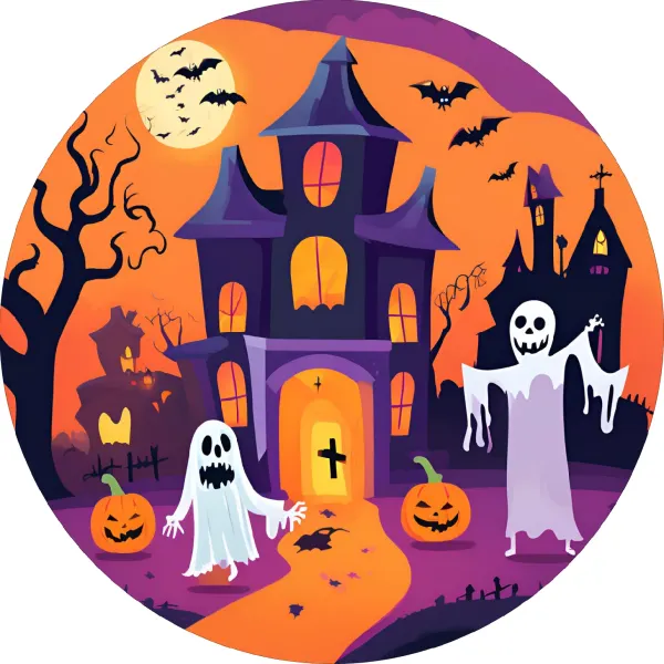 Kulatý jedlý obrázek na dort – Halloween, Fialový zámek a duchové (fialová, žlutá, černá)