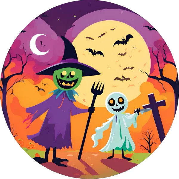Kulatý jedlý obrázek na dort – Halloween, zelený strašák a duch u kříže (fialová, žlutá, zelená)