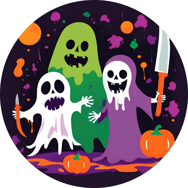 Kulatý jedlý obrázek na dort – Halloween, Trojice strašidel a dýně (fialová, zelená, černá)