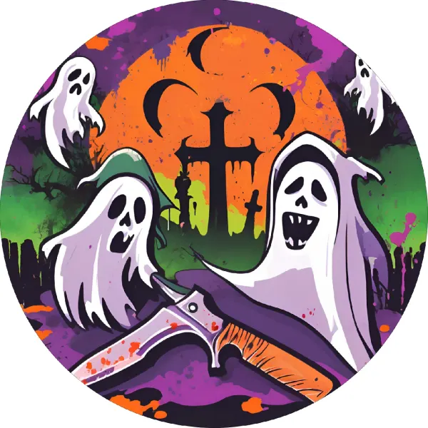Kulatý jedlý obrázek na dort – Halloween, duchové na hřbitově s kosou (fialová, žlutá, zelená)