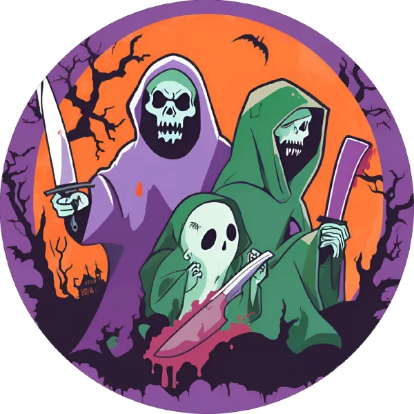Kulatý jedlý obrázek na dort – Halloween, tři postavy v kápích s lebkami (žlutá, fialová, zelená)