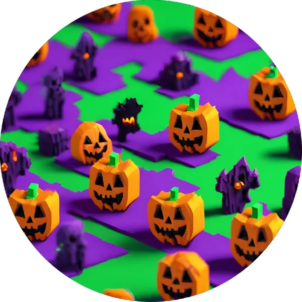 Kulatý jedlý obrázek na dort – Halloween, 3D izometrické domky a dýně (žlutá, fialová, zelená)