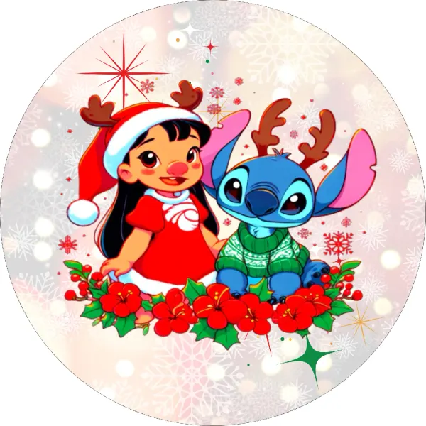 Kulatý jedlý obrázek na dort – Lilo & Stitch, Lilo a Stitch se sobími rohy (červená, modrá, bílá)