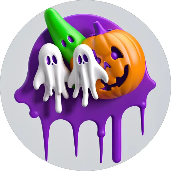 Kulatý jedlý obrázek na dort – Halloween, fialová poleva, dýně a duchové (fialová, žlutá, bílá)