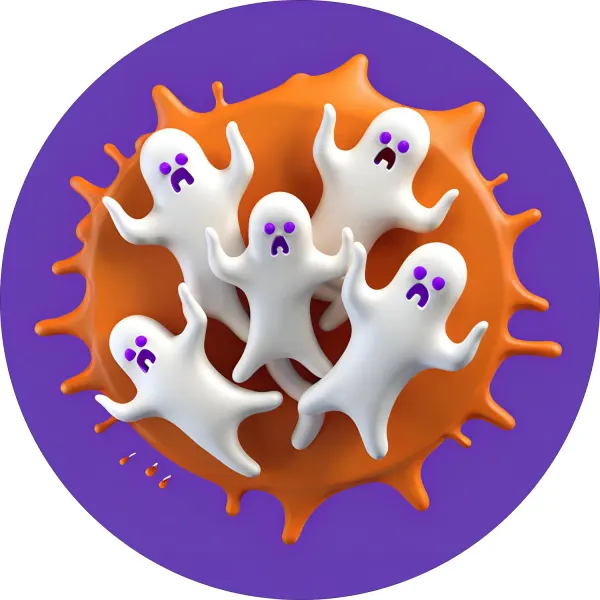 Kulatý jedlý obrázek na dort – Halloween, 3D strašidla v oranžové kapce (fialová, žlutá, bílá)