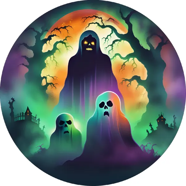 Kulatý jedlý obrázek na dort – Halloween, Postava v plášti a hřbitov (černá, zelená, fialová)