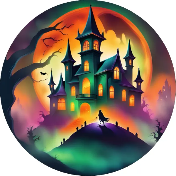 Kulatý jedlý obrázek na dort – Halloween, strašidelný zámek za úplňku (žlutá, zelená, fialová)