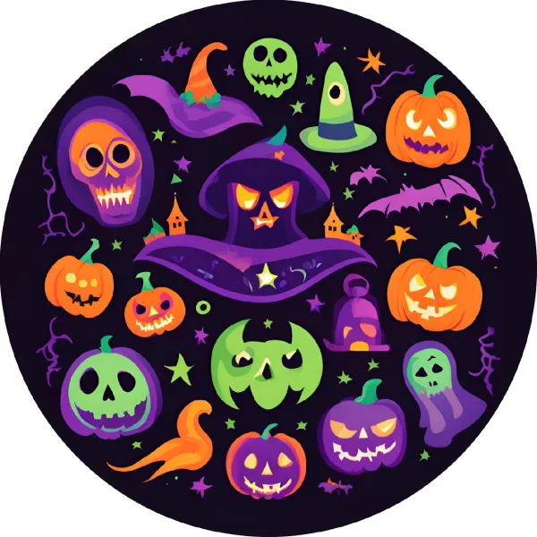 Kulatý jedlý obrázek na dort – Halloween, čarodějnický klobouk a lebky (fialová, černá, zelená)