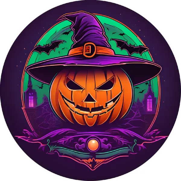 Kulatý jedlý obrázek na dort – Halloween, dýně v klobouku a zelený měsíc (žlutá, fialová, zelená)