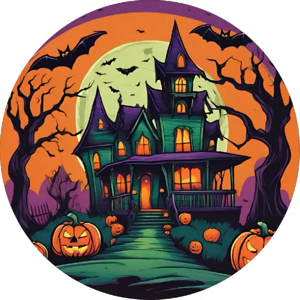 Kulatý jedlý obrázek na dort – Halloween, viktoriánský dům s dýněmi (černá, žlutá, fialová)