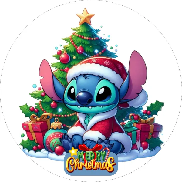 Kulatý jedlý obrázek na dort – Lilo & Stitch, Stitch, dárky a stromeček (modrá, červená, zelená)