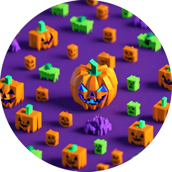 Kulatý jedlý obrázek na dort – Halloween, geometrická kostičkovaná dýně (fialová, žlutá, zelená)