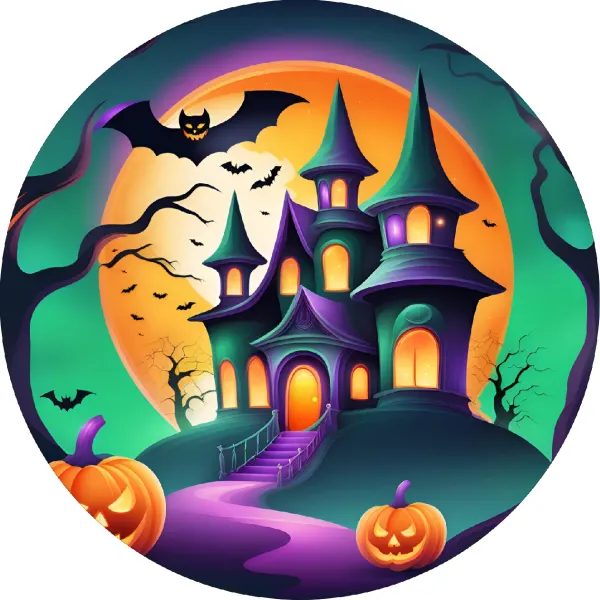 Kulatý jedlý obrázek na dort – Halloween, Sídlo s fialovou cestičkou (fialová, žlutá, tyrkysová)