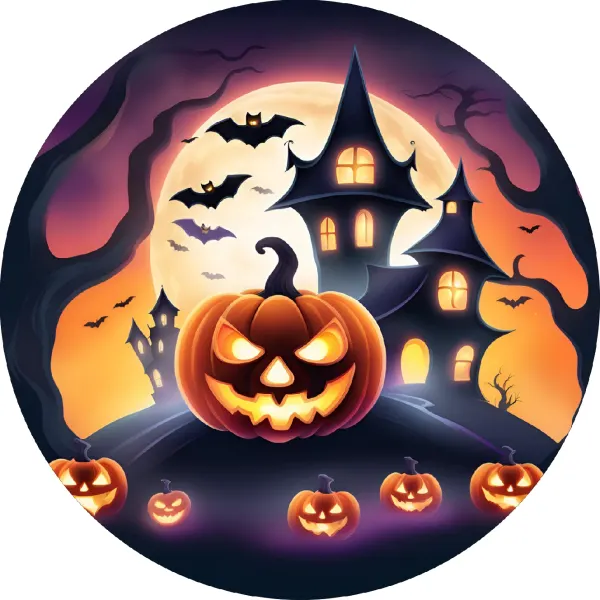 Kulatý jedlý obrázek na dort – Halloween, Dýně na kopci a hrad (fialová, žlutá, černá)