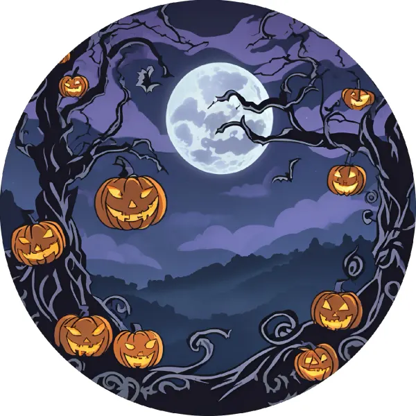 Kulatý jedlý obrázek na dort – Halloween, dýně visící na větvích (fialová, černá, žlutá)